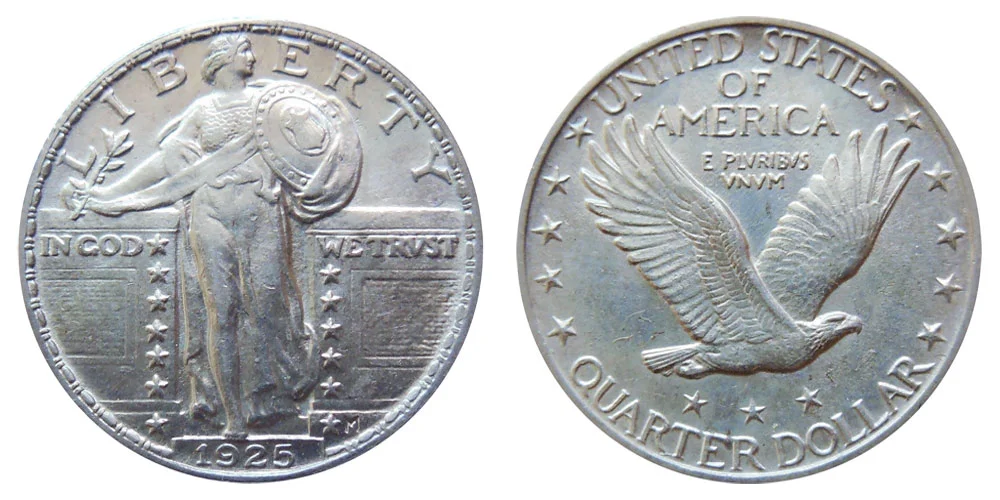 1925 Standing Liberty quarter obverse and reverse, showing Liberty's figure and the recessed date