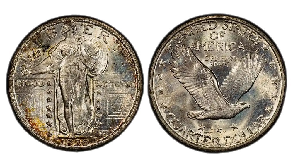 1925 quarter doubled die obverse error showing doubling on the date numerals and Liberty's helmet
