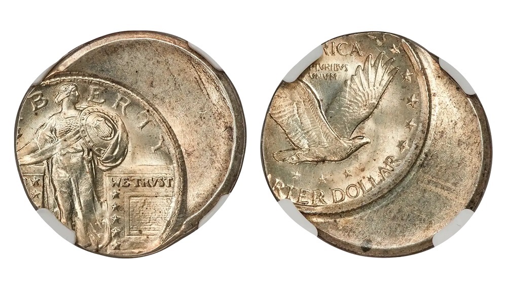 1925 Standing Liberty quarter off-center strike error showing misaligned design with blank crescent and visible date