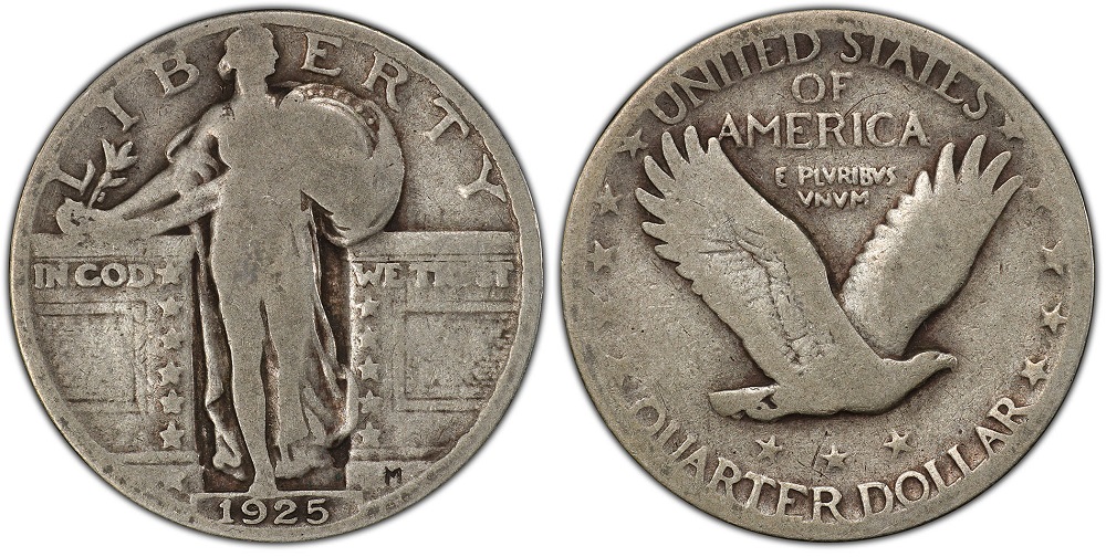 1925 Standing Liberty quarter clipped planchet error showing curved notch along the edge and Blakesley effect