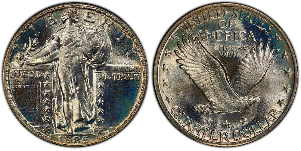 1925 Standing Liberty quarter grading strip showing Good, Fine, About Uncirculated, and Mint State examples side by side